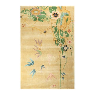 Rug & Kilim’s Chinese Art Deco Style Rug in Gold With Colorful Floral Patterns For Sale