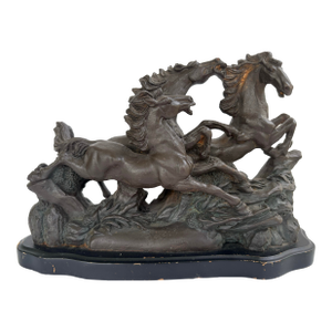 Vintage Cast Iron Galloping Horses Sculpture With Bronze-Tone Finish on Black Base