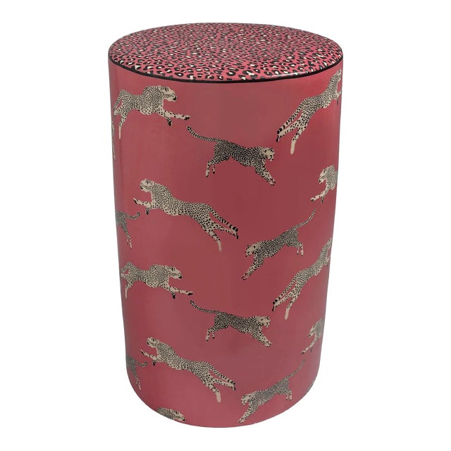 Scalamandre Maison by Port 68 Leaping Cheetah Pink Garden Stool For Sale