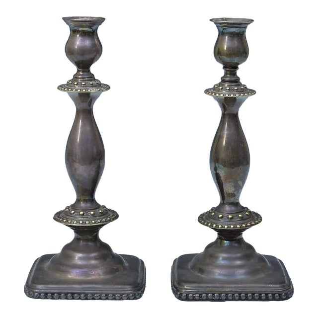 Pair of Polish Silverplated Shabbat Candlesticks by Joseph Fraget, Warsaw, Circa 1910 For Sale
