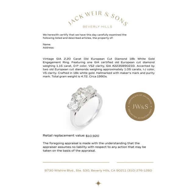 Silver Vintage Gia 2.20 Carat Old European Cut Diamond 18k White Gold Engagement Ring, Size 7.5 For Sale - Image 8 of 8