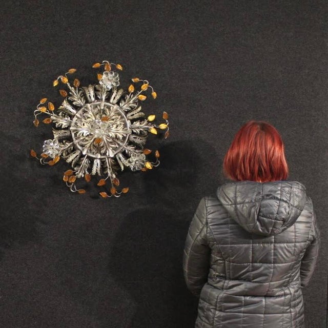 Great Florentine ceiling light from the 1970s. Made by Banci Firenze, it features silver-plated metal with floral...