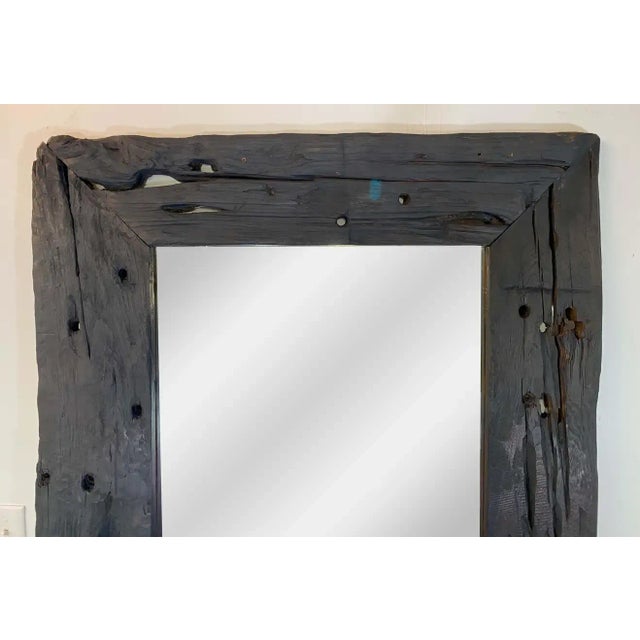 Monumental Modern Rustic Style Hand Carved Wooden Black Frame Floor Mirror For Sale - Image 4 of 13