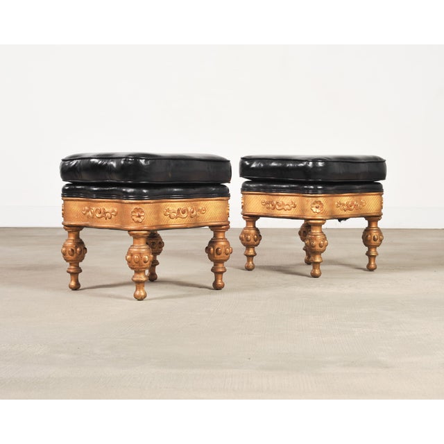 Pair of Empire Aesthetic Leather Giltwood Ottoman Footstools For Sale - Image 12 of 18