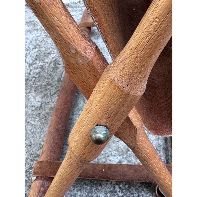 Brown Mid-Century Danish Teak Magazine Rack With Suede Sling, Folding X-Base, Scandinavian Modern, 1960s For Sale - Image 8 of 10