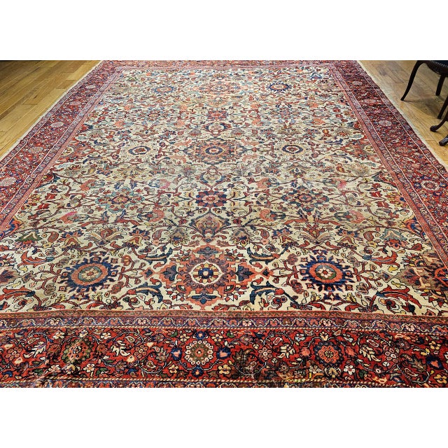 Antique Persian Ziegler Mahal Sultanabad Rug, Hand-Knotted Wool, Geometric Pattern, 11x14, Ivory & Red For Sale - Image 4 of 17