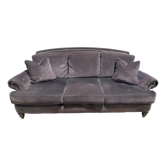 Ethan Allen Hyde Sofa in Camby Indigo Performance Fabric With Nickel Nailhead Trim For Sale
