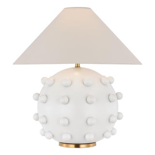 Kelly Wearstler by Visual Comfort Signature Linden Medium Orb Table Lamp in Plaster White with Linen Shade For Sale