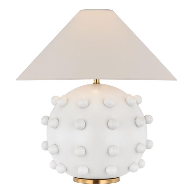 Kelly Wearstler by Visual Comfort Signature Linden Medium Orb Table Lamp in Plaster White with Linen Shade For Sale
