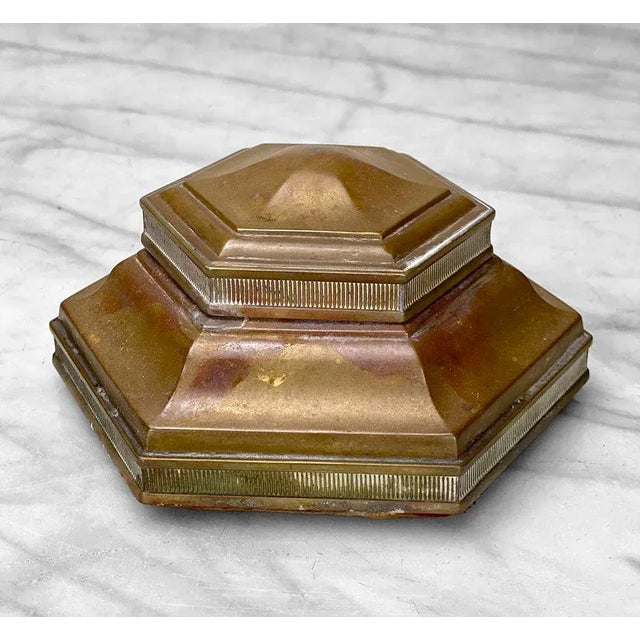 Antique Traditional Brass Hexagonal Fountain Pen Inkwell, c. Early 20th Century - Solid Brass - Nicely Aged Throughout -...