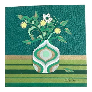 Original Textured Mixed-Media Collage Floral Still Life in Green and Gold by Nancy Smith For Sale