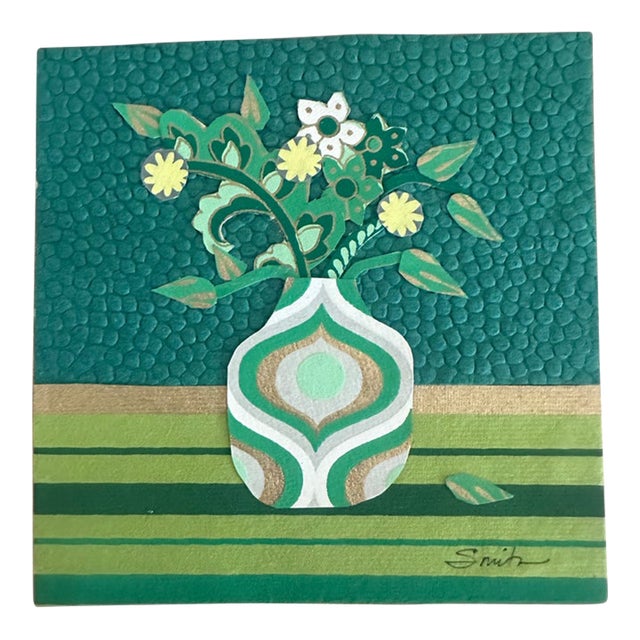 Original Textured Mixed-Media Collage Floral Still Life in Green and Gold by Nancy Smith For Sale