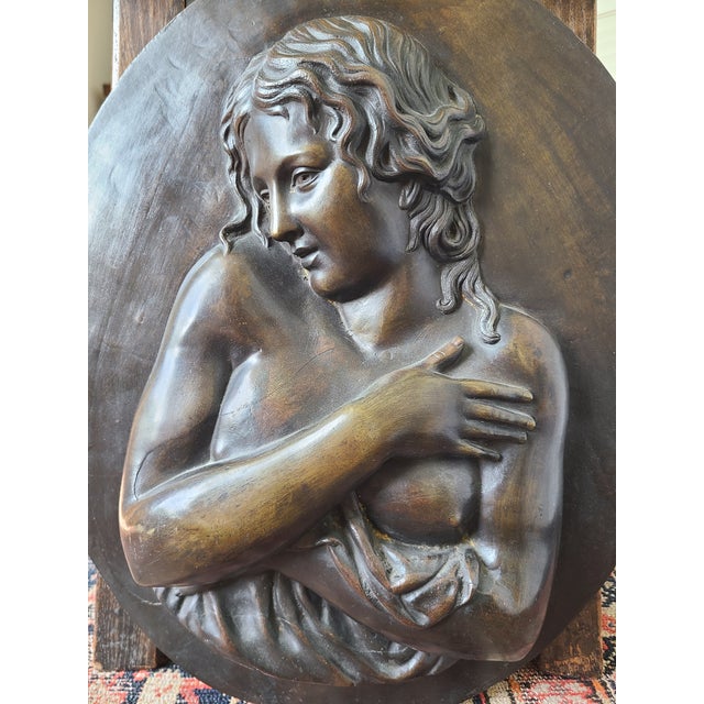 Art Nouveau Antique Oval Bronze Bas-Relief Wall Plaque Portrait of a Nude Maiden For Sale - Image 3 of 16