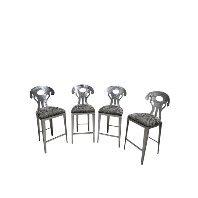 Metal Vintage Memphis Style Hammered Metal Counter Stools - Set of 4 For Sale - Image 7 of 12