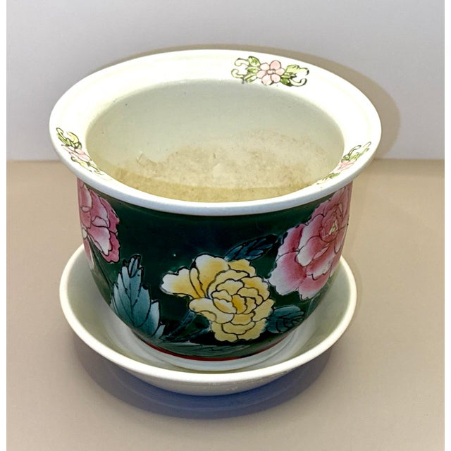 Chinoiserie Green Floral Chinoiserie Planter With Tray For Sale - Image 3 of 10
