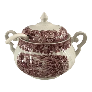 Vintage Red & White Transfer Ware Soup Tureen
