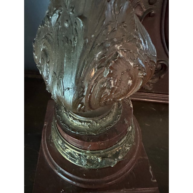 19th Century French Patinated Bronze Spelter and Rouge Griotte Marble Candelabras Garnitures Pair For Sale In Chicago - Image 6 of 12