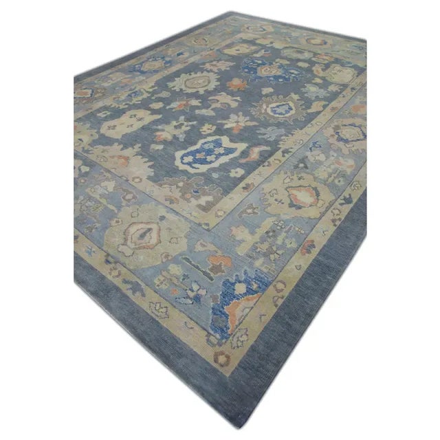 Turkish Oushak Rug Blue & Cream Floral Handwoven Wool Rug 9'5" X 12'6" For Sale - Image 4 of 5