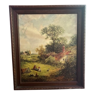 20th Century Reproduction of Vintage James Edward Meadows Canvas Print of Cottage Landscape Titled Rustic Peace Framed Signed Made by John Wanamaker For Sale
