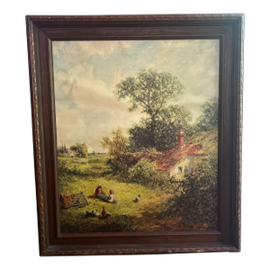 20th Century Reproduction of Vintage James Edward Meadows Canvas Print of Cottage Landscape Titled Rustic Peace Framed Signed Made by John Wanamaker
