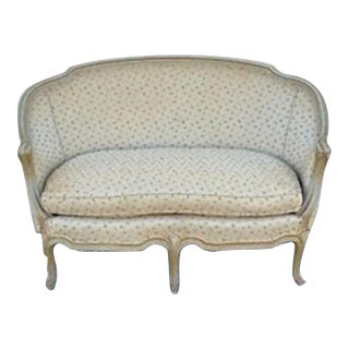 Vintage French Provincial Louis XV Style Green Pink Barrel Back Loveseat Settee For Sale