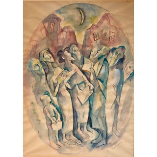 Emanuel Glicenstein Romano, Modernist Watercolor Painting Judaica Kiddush Levana Blessing New Moon For Sale