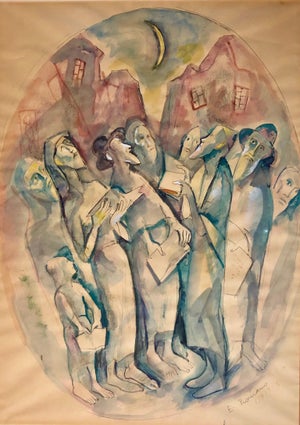 Emanuel Glicenstein Romano, Modernist Watercolor Painting Judaica Kiddush Levana Blessing New Moon