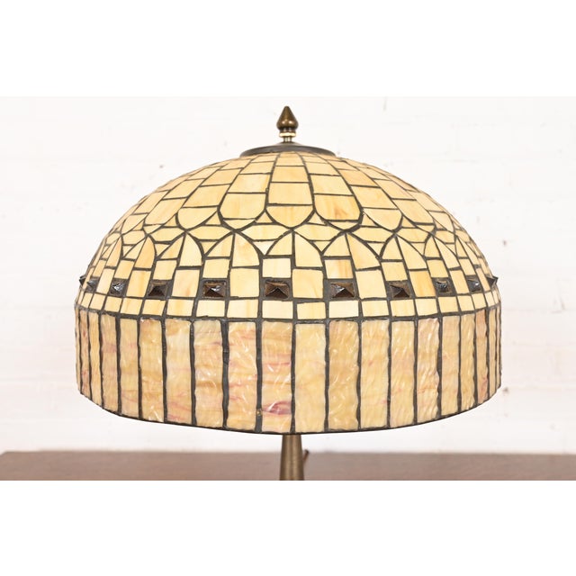 Metal Tiffany Studios Style Arts & Crafts Table Lamp With Jeweled Caramel Glass Shade For Sale - Image 7 of 11