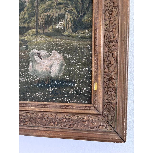 Green Antique Original Swan Oil Painting, Framed Garden Landscape Art For Sale - Image 8 of 12