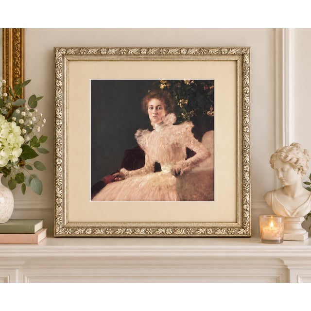 Elegant framed bookplate featuring Gustav Klimt’s celebrated portrait Sonja Knips, originally painted in 1898. This image...