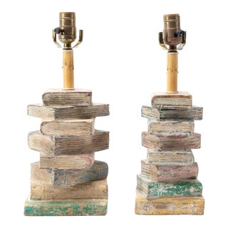 Mid 20th Century Distressed Faux Stacked Book Table Lamps - a Pair For Sale