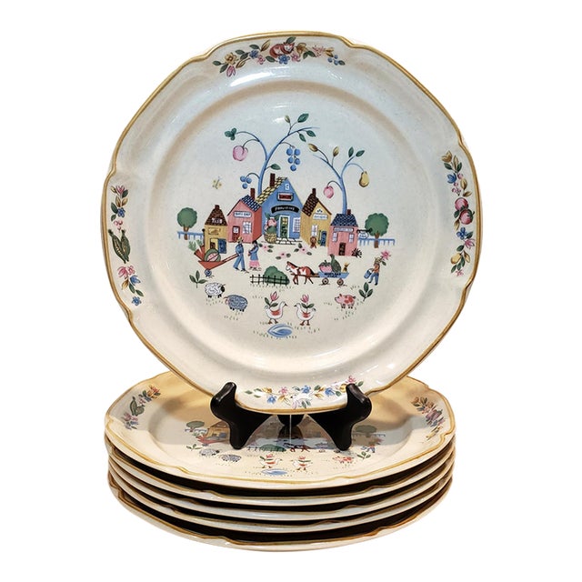 Vintage Americana Heartland Village Stoneware Dinner Plates - Set of 6 For Sale