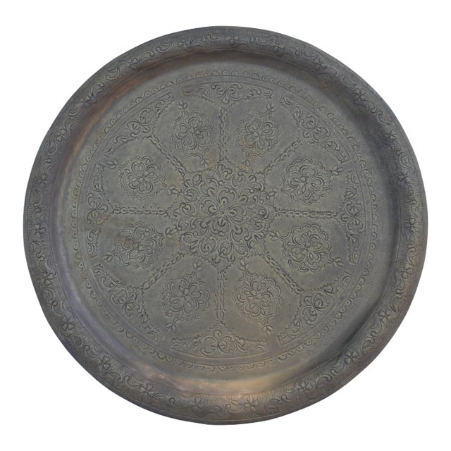 Mid 20th Century Hand-Engraved Brass Tray with Moorish Arabesque Motif For Sale