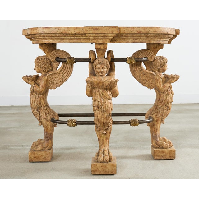 Neoclassical Pair of Maitland Smith Neoclassical Cast Stone Demilune Consoles For Sale - Image 3 of 12