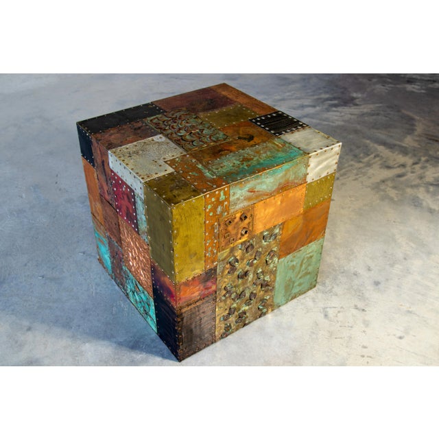 Aqua Late 20th Century Paul Evans Style Patchwork Brutalist Metal Cube End Table For Sale - Image 8 of 8