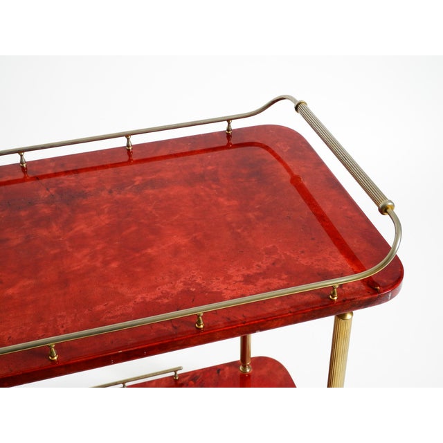 Red Large Vintage Red Goatskin Serving Bar Cart by Aldo Tura, 1960s For Sale - Image 8 of 18