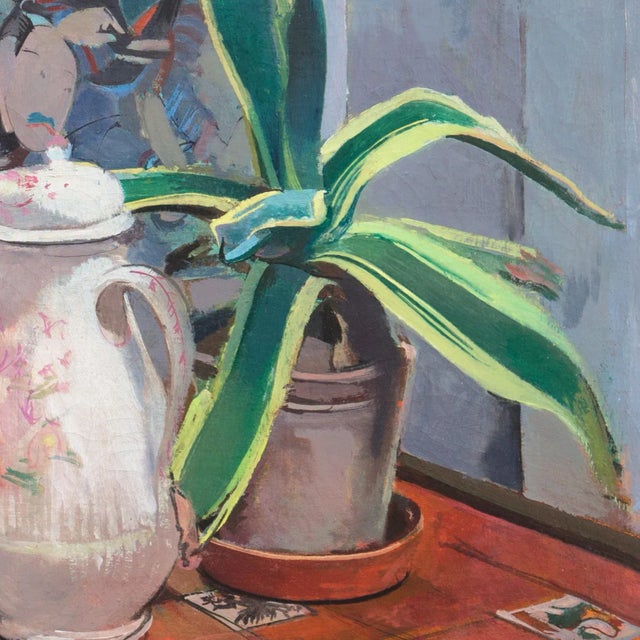 Cornflower Blue 'Still Life, Agave With a Japanese Woodblock Print' by Victor Isbrand, Paris, Post-Impressionist For Sale - Image 8 of 11