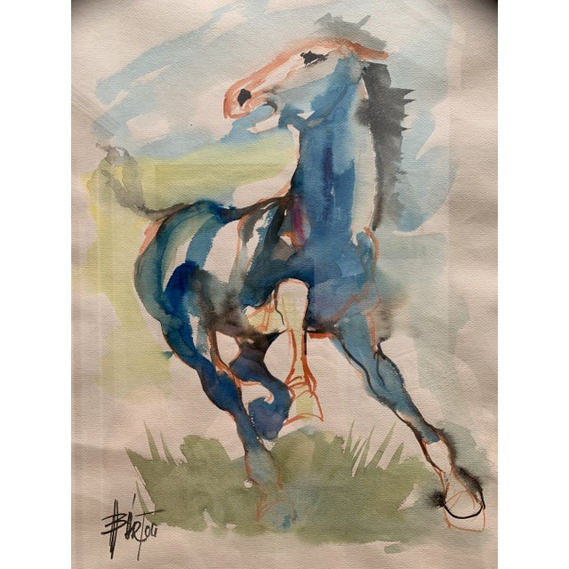 1970s Vintage Framed Original Signed Watercolor Horse Painting For Sale - Image 5 of 12