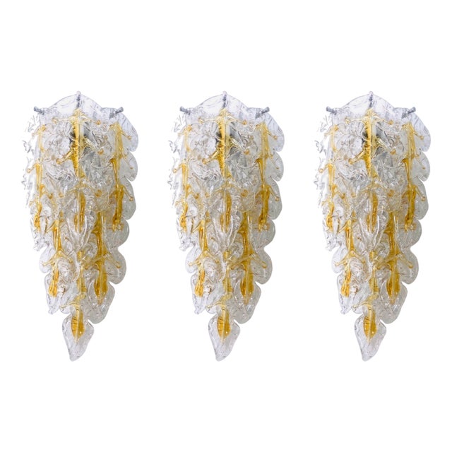 Mid-Century Modern Italian Murano Leaf Glass Wall Sconces from Mazzega, 1970s, Set of 3 For Sale