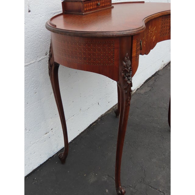 Brown French Early 1900s Kidney Shape Carved Inlaid Small Writing Desk 6620 For Sale - Image 8 of 16