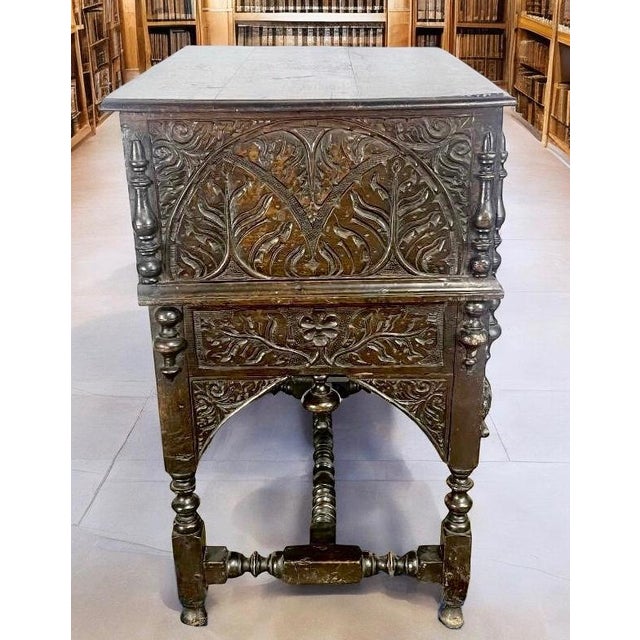 English Superlative Example of an Antique 18th Century Carved Oak Bible Box on Matching Stand For Sale - Image 3 of 11