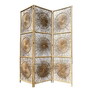 Vintage Three-Panel Sunburst Rattan Divider For Sale