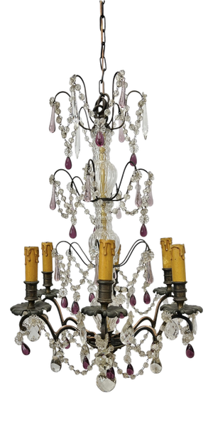 Vintage French Blown Amethist and Clear Crystal Chandelier, 1920s