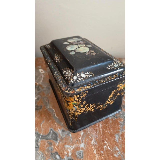 Antique Victorian Papier Mache Tea Caddy Mother of Pearl Inlay Black Lacquer Box Cut Crystal Mixing Bowl 19th Century For Sale - Image 6 of 17