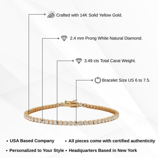 3.49Ct Round Brilliant Diamond Tennis Bracelet in 14k Solid Yellow Gold For Sale - Image 12 of 16