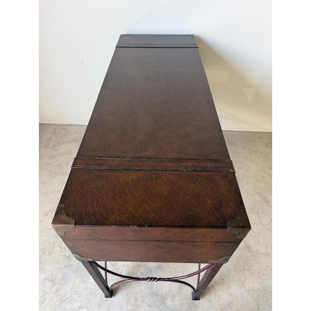 1980s Vintage Ralph Lauren Style Leather Suitcase Console Table With Brass Accents & Metal Base For Sale - Image 16 of 17