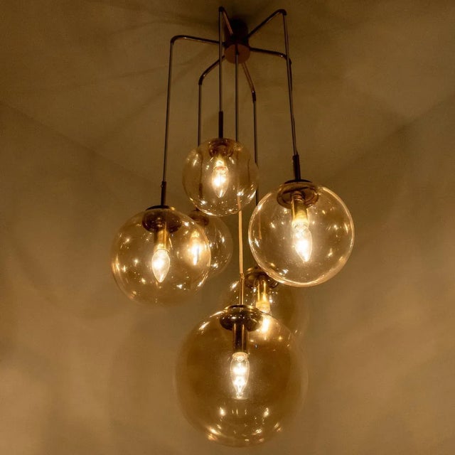 Gold Brass Cascade with Seven Hand Blown Globes Ceiling Lamp from Glashütte Limburg For Sale - Image 8 of 11