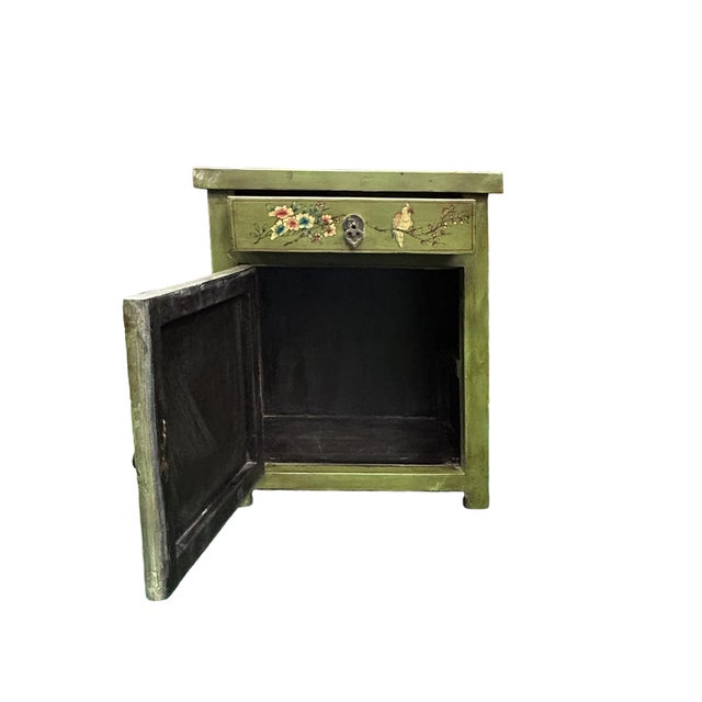 1970s Distressed Sage Green Floral Graphic End Table Nightstand For Sale - Image 5 of 7