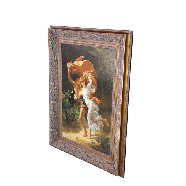 Beaux-Arts Late 20th Century The Storm Boy Girl Romantic Rainstorm Oil Painting After Pierre Auguste Cot 47" For Sale - Image 3 of 12