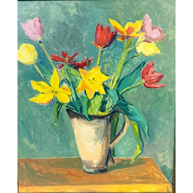 European Modernist Spring Still Life with Daffodils and Tulips, Signed "PS '41" For Sale - Image 9 of 15